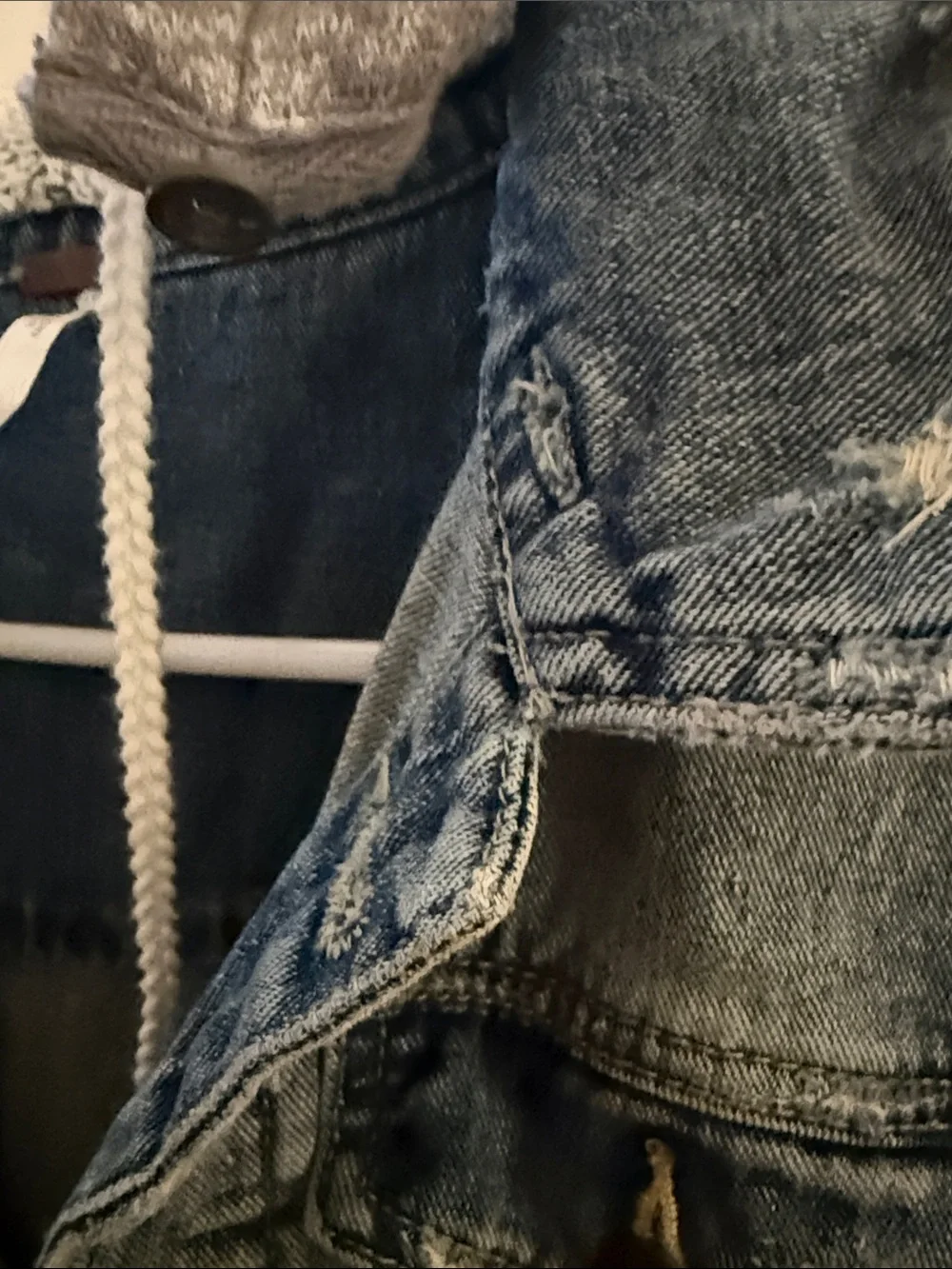 Free People Blue Denim Jacket with Gray Knit Hood & Sleeves - Picture 4 of 4